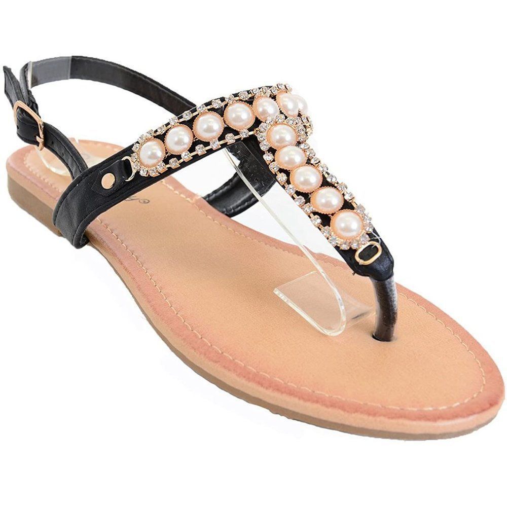Pearls Jeweled T-Strap Flat‎ Flop Flop Sandals
